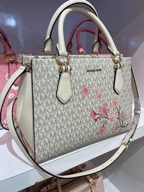 MICHAEL KORS Marilyn Md Embellished Signature Logo Satchel Lt Cream Multi NWT
